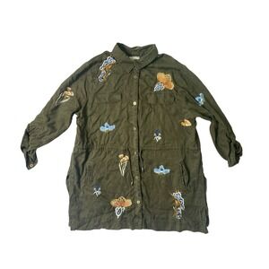 Chico's Army Green Shirt Dress 2P Petite Large Floral Embroidered Boho Utility